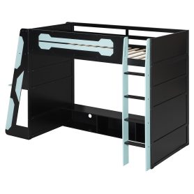 Twin Size Wood Loft Bed with Desk, Multi-storage Shelves and RGB Light