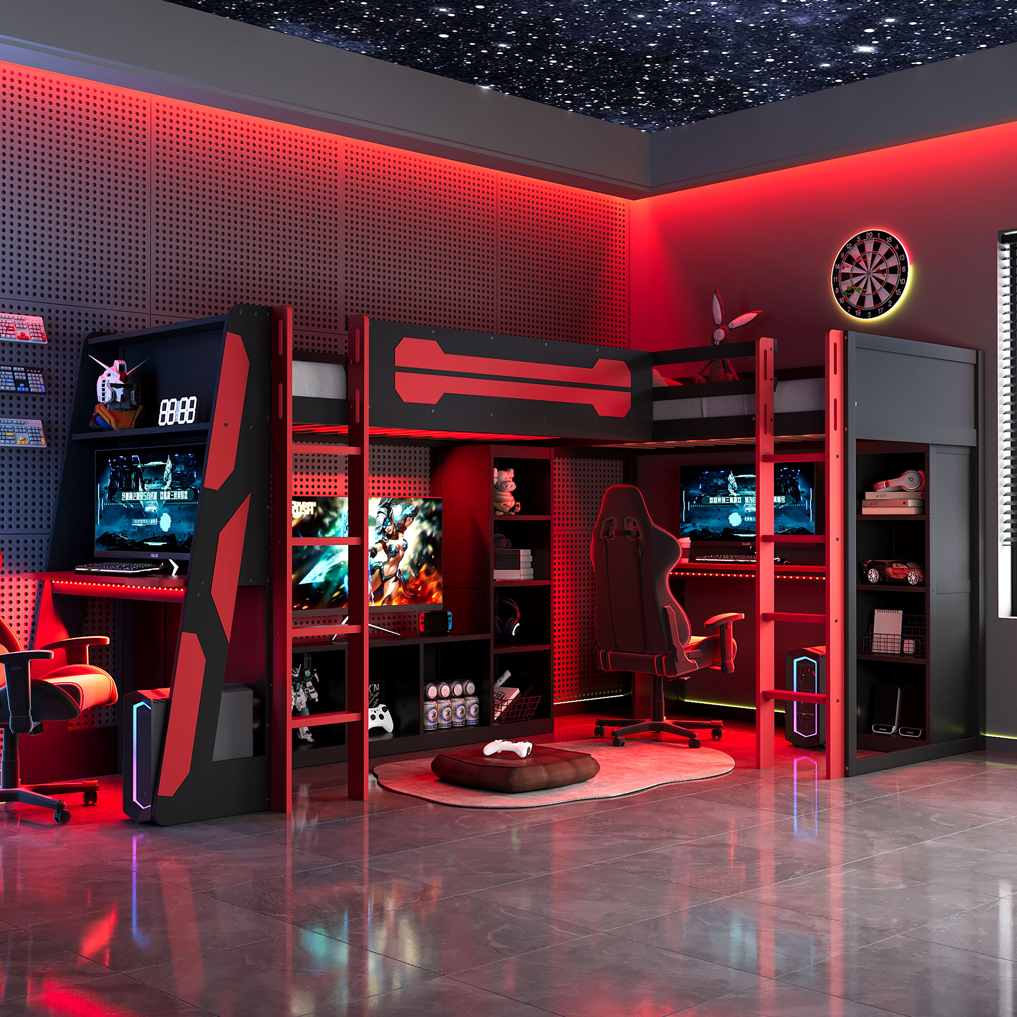 L-Shaped Wooden Twin Size Gaming Bed Frame with RGB LED Lights, Dual twin Beds, USB Ports, TV Stand & Storage Shelves