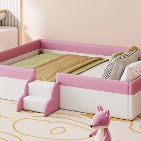 King Size Upholstered Daybed Frame with Fence and Stairs