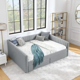 Linen Fabric Queen Size Daybed with Two Drawers