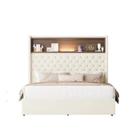 Full Size Velvet Tufted Soft Bed Frame with USB Port and Night Light