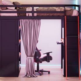 Full Size Wood Loft Bed with Wardrobe, Shelves, Blackout Curtains and RGB Lights