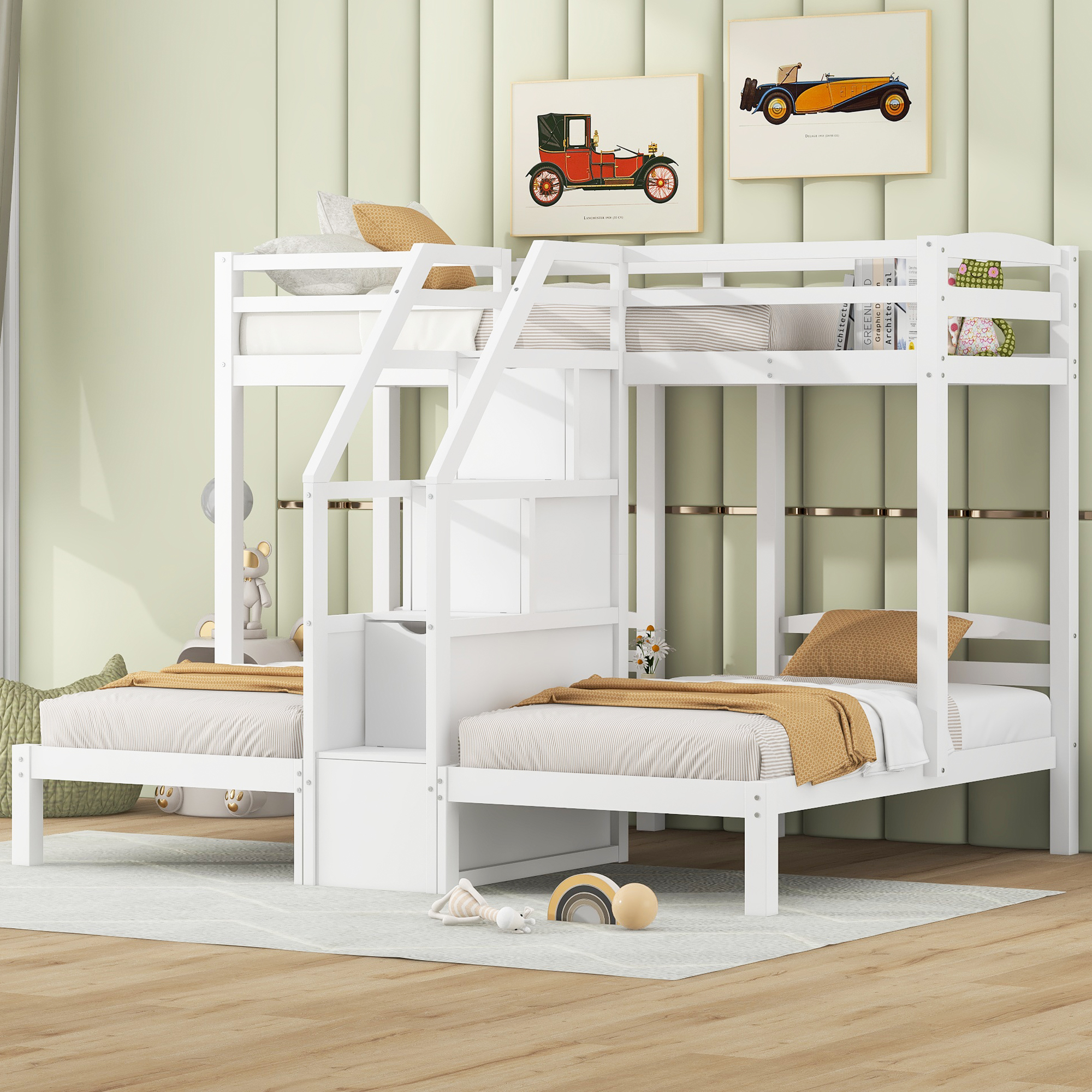 Twin over Twin & Twin Bunk Bed with Built-in Staircase and Little Drawer