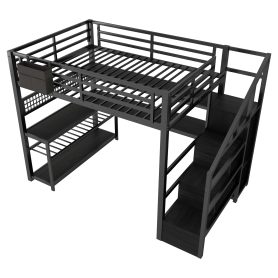 Metal Full Loft Bed With Staircase, Wardrobe, Desk, Storage Shelves, LED Lights and Charge Station