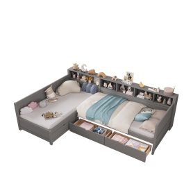 L- Shape Twin Size Bed Frame with Storage 3 Drawers