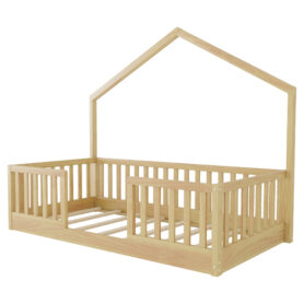 Wooden Twin Floor Bed with Light and High Rails