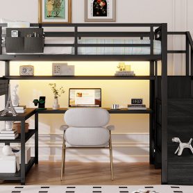 Metal Full Loft Bed With Staircase, Wardrobe, Desk, Storage Shelves, LED Lights and Charge Station