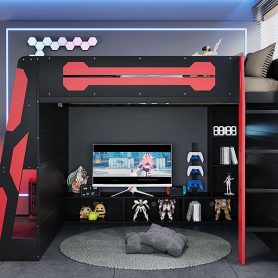 Full Size Wood Loft Bed with Desk, Multi-storage Shelves and RGB Light 38 Full Size Wood Loft Bed with Desk, Multi-storage Shelves and RGB Light