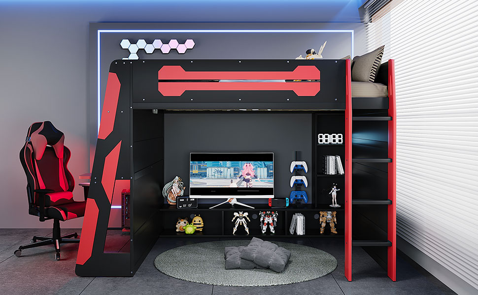 Full Size Wood Loft Bed with Desk, Multi-storage Shelves and RGB Light 20 Full Size Wood Loft Bed with Desk, Multi-storage Shelves and RGB Light