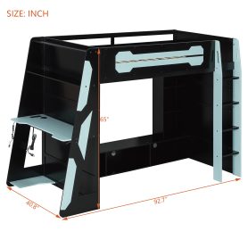 Twin Size Wood Loft Bed with Desk, Multi-storage Shelves and RGB Light