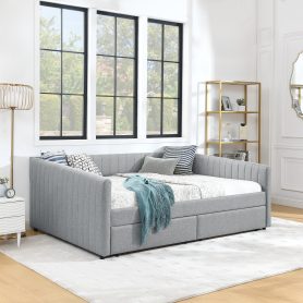 Linen Fabric Queen Size Daybed with Two Drawers