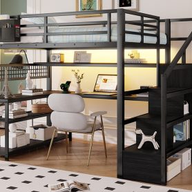 Metal Full Loft Bed With Staircase, Wardrobe, Desk, Storage Shelves, LED Lights and Charge Station