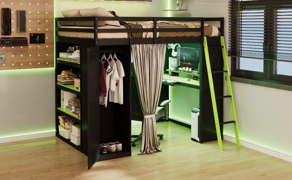 Full Size Wood Loft Bed with Wardrobe, Shelves, Blackout Curtains and RGB Lights