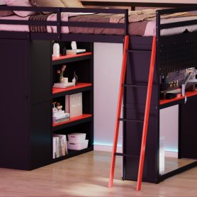 Full Size Wood Loft Bed with Wardrobe, Shelves, Blackout Curtains and RGB Lights