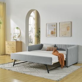 Linen Fabric Twin Size Daybed With Trundle