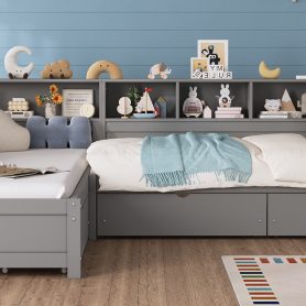 L- Shape Twin Size Bed Frame with Storage 3 Drawers