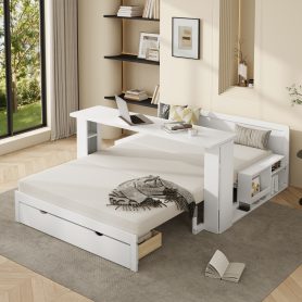 Full Size Daybed with Removable Desk, Storage Drawers & Hydraulic Side Table