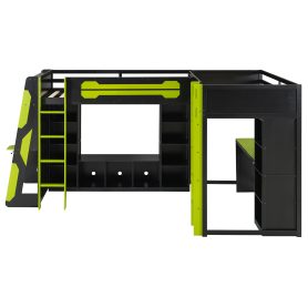 L-Shaped Wooden Twin Size Gaming Bed Frame with RGB LED Lights, Dual twin Beds, USB Ports, TV Stand & Storage Shelves