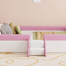 King Size Upholstered Daybed Frame with Fence and Stairs