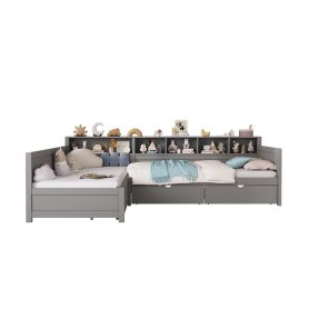 L- Shape Twin Size Bed Frame with Storage 3 Drawers