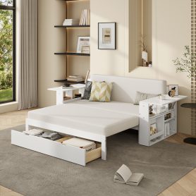 Full Size Daybed with Removable Desk, Storage Drawers & Hydraulic Side Table