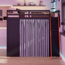 Full Size Wood Loft Bed with Wardrobe, Shelves, Blackout Curtains and RGB Lights