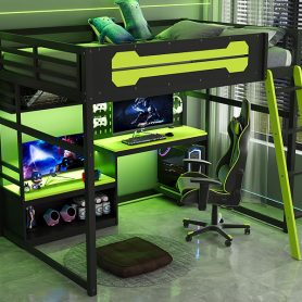 Full Size Wood Loft Bed with Desk, Shelves, LED Lights, USB Ports and Pegboard