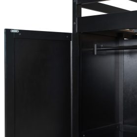 Full Size Wood Loft Bed with Wardrobe, Shelves, Blackout Curtains and RGB Lights