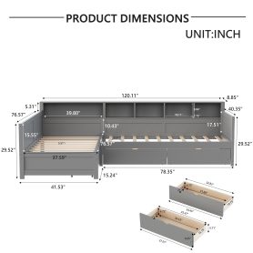 L- Shape Twin Size Bed Frame with Storage 3 Drawers