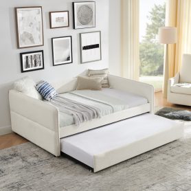 Boucle Fabric Full Size Daybed With Trundle
