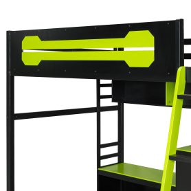 Full Size Wood Loft Bed with Desk, Shelves, LED Lights, USB Ports and Pegboard