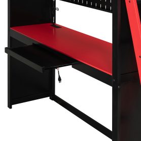 Full Size Wood Loft Bed with Wardrobe, Shelves, Blackout Curtains and RGB Lights