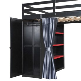 Full Size Wood Loft Bed with Wardrobe, Shelves, Blackout Curtains and RGB Lights