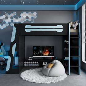 Twin Size Wood Loft Bed with Desk, Multi-storage Shelves and RGB Light