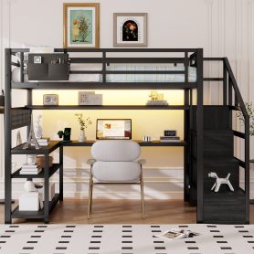 Metal Full Loft Bed With Staircase, Wardrobe, Desk, Storage Shelves, LED Lights and Charge Station