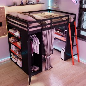 Full Size Wood Loft Bed with Wardrobe, Shelves, Blackout Curtains and RGB Lights