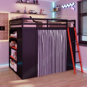 Full Size Wood Loft Bed with Wardrobe, Shelves, Blackout Curtains and RGB Lights
