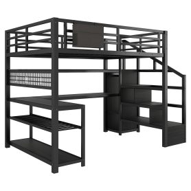 Metal Full Loft Bed With Staircase, Wardrobe, Desk, Storage Shelves, LED Lights and Charge Station