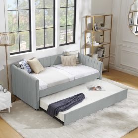 Linen Fabric Twin Size Daybed With Trundle