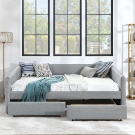 Linen Fabric Queen Size Daybed with Two Drawers