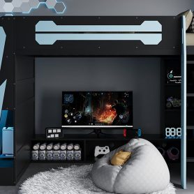 Twin Size Wood Loft Bed with Desk, Multi-storage Shelves and RGB Light