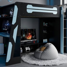 Twin Size Wood Loft Bed with Desk, Multi-storage Shelves and RGB Light