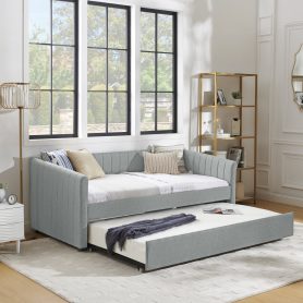 Linen Fabric Twin Size Daybed With Trundle