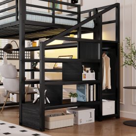 Metal Full Loft Bed With Staircase, Wardrobe, Desk, Storage Shelves, LED Lights and Charge Station