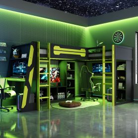 L-Shaped Wooden Twin Size Gaming Bed Frame with RGB LED Lights, Dual twin Beds, USB Ports, TV Stand & Storage Shelves