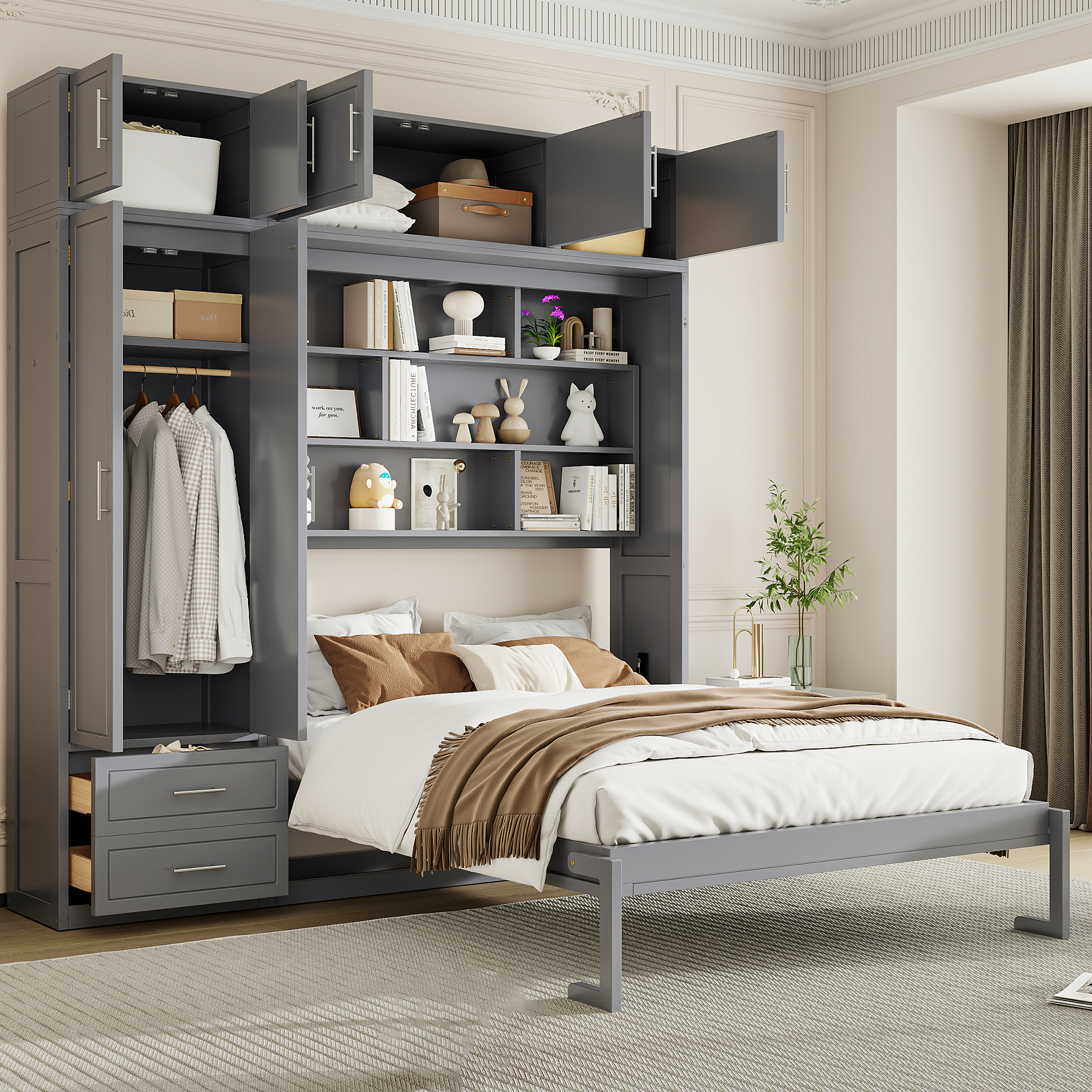 Queen Size Wall Murphy Bed With Top Cabinet, Shelves And Wardrobe