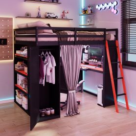 Full Size Wood Loft Bed with Wardrobe, Shelves, Blackout Curtains and RGB Lights