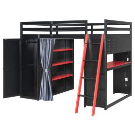 Full Size Wood Loft Bed with Wardrobe, Shelves, Blackout Curtains and RGB Lights