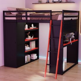 Full Size Wood Loft Bed with Wardrobe, Shelves, Blackout Curtains and RGB Lights