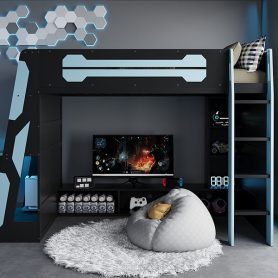 Twin Size Wood Loft Bed with Desk, Multi-storage Shelves and RGB Light